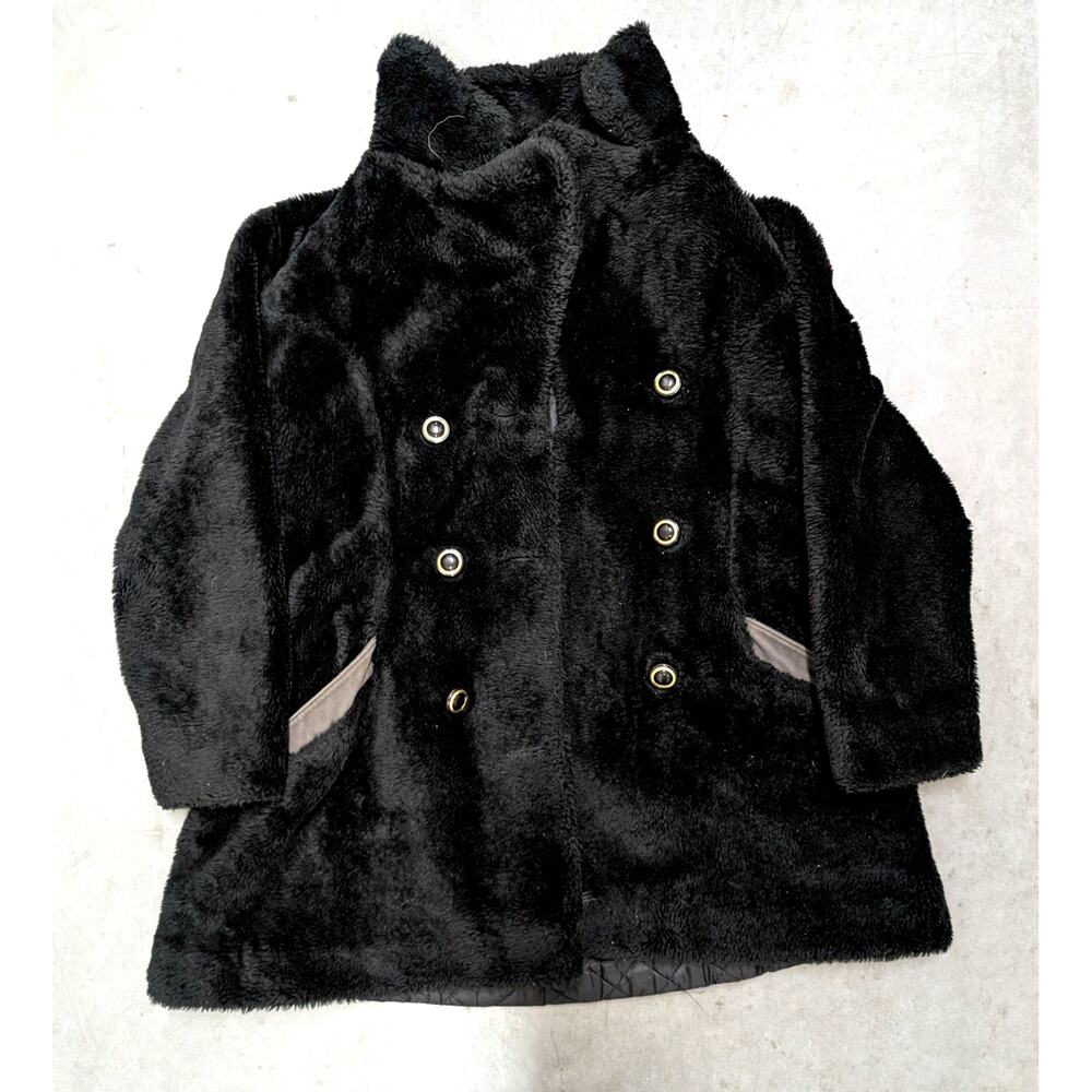 Sears Fashions Vintage Black Double Breasted Faux Fur Pile Coat XL Pea Coat